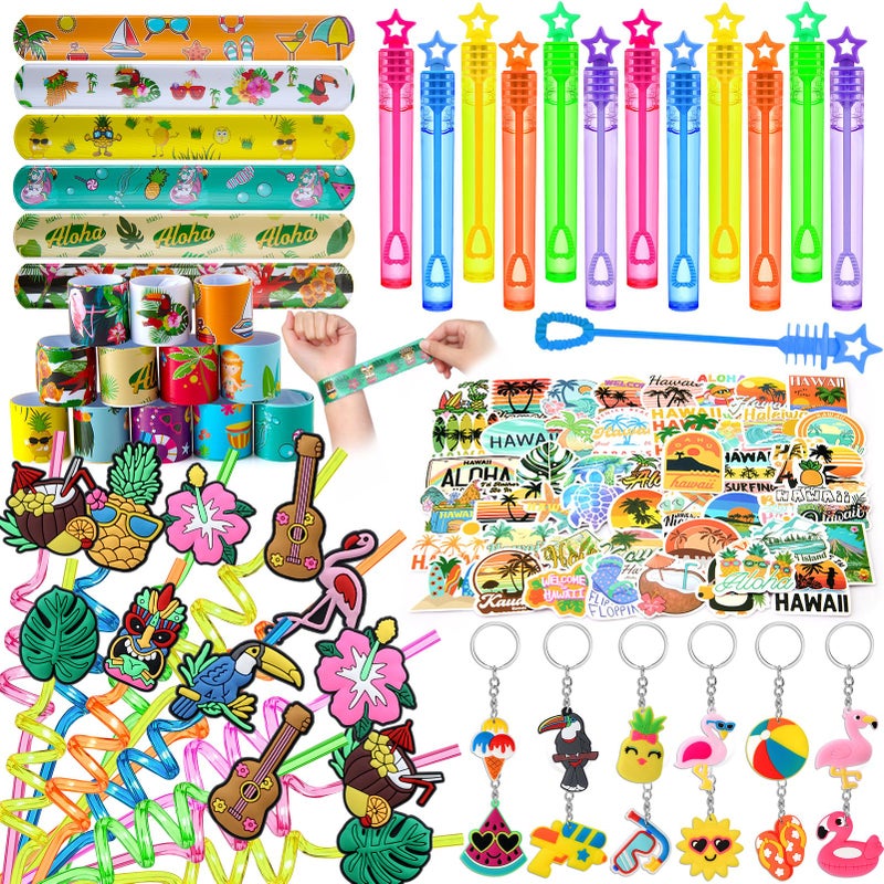 Winrayk 98Pcs Tropical Luau Party Favors Hawaiian Birthday Supplies Straw Mini Bubble Wand Slap Bracelet Keychain Sticker Pinata Filler Goody Bag Stuffer Kids Summer Pool Beach Hawaiian Party Favors - Image 3