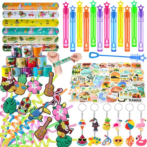 Winrayk 98Pcs Tropical Luau Party Favors Hawaiian Birthday Supplies Straw Mini Bubble Wand Slap Bracelet Keychain Sticker Pinata Filler Goody Bag Stuffer Kids Summer Pool Beach Hawaiian Party Favors - Image 1