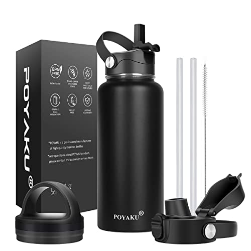 POYAKU Water Bottle Insulated 32oz 40oz 64oz 128oz Straw Lid Spout Lid & 3 Lids, Leak Proof, Vacuum Insulated,Stainless Steel Water Bottle Wide Mouth for Sports, Gym or Office (Magic Black, 32 oz) - Image 1