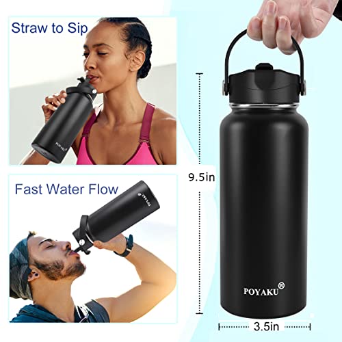 POYAKU Water Bottle Insulated 32oz 40oz 64oz 128oz Straw Lid Spout Lid & 3 Lids, Leak Proof, Vacuum Insulated,Stainless Steel Water Bottle Wide Mouth for Sports, Gym or Office (Magic Black, 32 oz) - Image 2