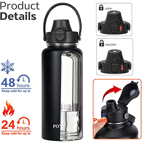POYAKU Water Bottle Insulated 32oz 40oz 64oz 128oz Straw Lid Spout Lid & 3 Lids, Leak Proof, Vacuum Insulated,Stainless Steel Water Bottle Wide Mouth for Sports, Gym or Office (Magic Black, 32 oz) - Image 3