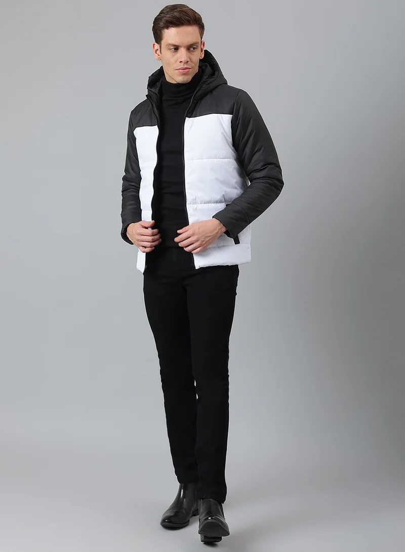 Dennis Lingo White Regular Fit Men's Colourblocked Hooded Polyester Jacket with Zipper Closure