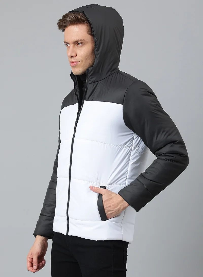 Dennis Lingo White Regular Fit Men's Colourblocked Hooded Polyester Jacket with Zipper Closure