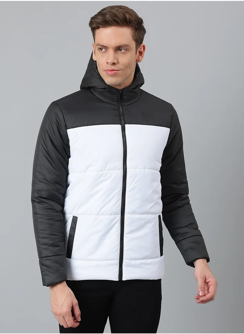 دينيس لينغو White Regular Fit Men's Colourblocked Hooded Polyester Jacket with Zipper Closure