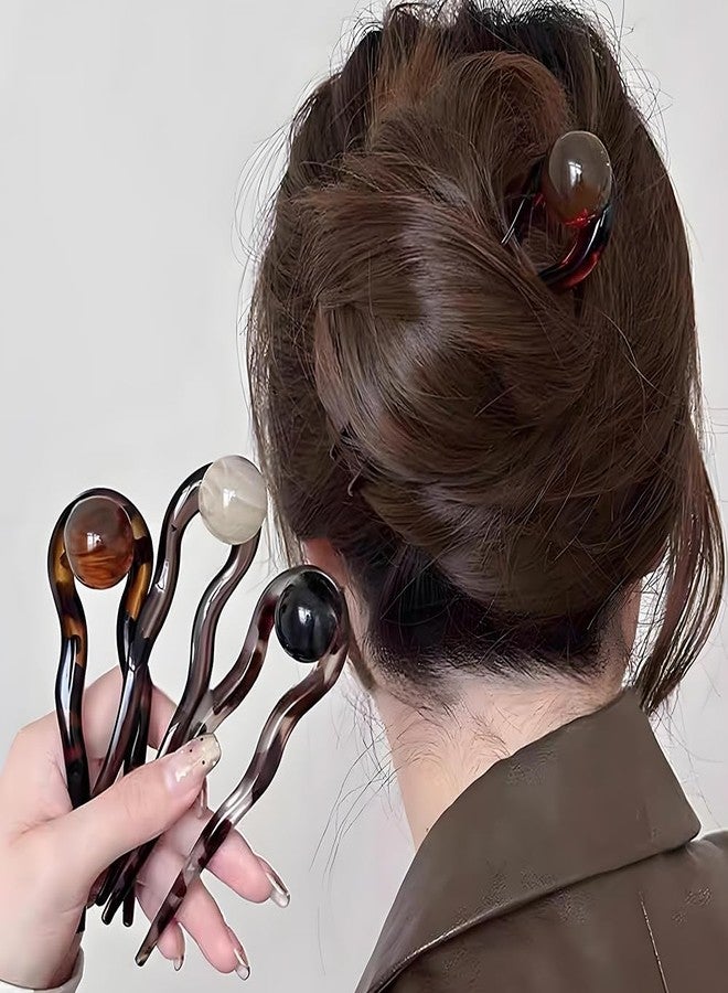 IPEWOEF 4Pcs French Hair Forks Hair Fork Plastic U Shaped Acetate Hair Pins for Buns French Hairpin U Shaped Hair Pin Hairpins Tortoise Shell French Hair Pin Large Wavy French Hair Pins Tortoise Shell 2 Prong - Image 3
