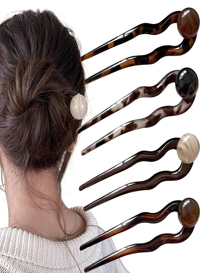 IPEWOEF 4Pcs French Hair Forks Hair Fork Plastic U Shaped Acetate Hair Pins for Buns French Hairpin U Shaped Hair Pin Hairpins Tortoise Shell French Hair Pin Large Wavy French Hair Pins Tortoise Shell 2 Prong - Image 1