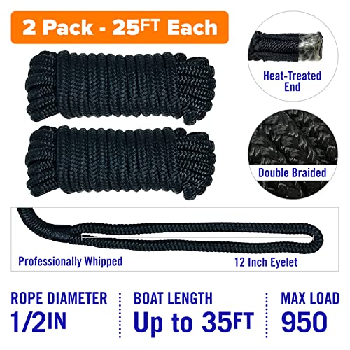 Better Boat Boat Dock Lines, 1/2 Inch Braided Nylon Rope, 25 ft Mooring Marine Docking Lines with Loop, Black, 2 Pack - Image 3