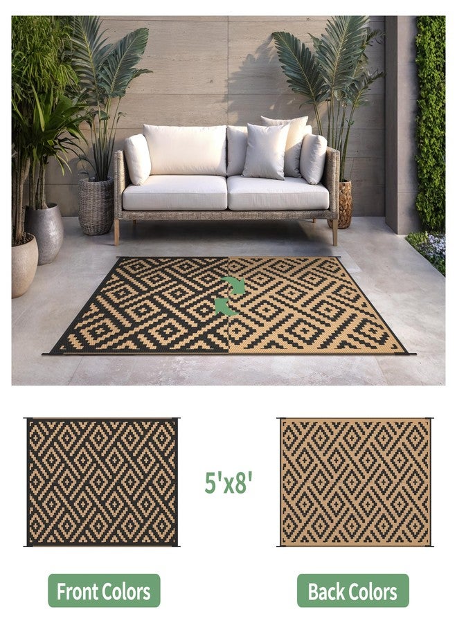 sarben Waterproof Outdoor Rug 5x8 ft, Patio Rug Mat, Reversible Plastic Straw Rug, Indoor/Outdoor Area Rugs Carpet for RV, Camping, Deck, Porch, Picnic, Backyard, Balcony, All Weather, Black & Brown - Image 2