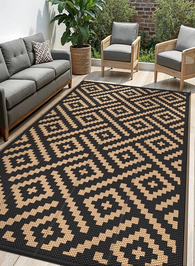 sarben Waterproof Outdoor Rug 5x8 ft, Patio Rug Mat, Reversible Plastic Straw Rug, Indoor/Outdoor Area Rugs Carpet for RV, Camping, Deck, Porch, Picnic, Backyard, Balcony, All Weather, Black & Brown - Image 1