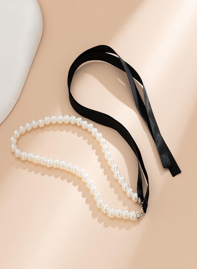 Wiwpar Punk Pearl Beaded Choker Necklace with Long Black Ribbon Bow Tie Vintage Baroque Pearl Choker Necklace Elegant Collar Necklace Prom Lolita Halloween Costume Jewelry for Women (Style2) - Image 4