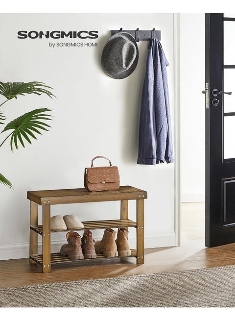 مقعد رف أحذية، من 3 طوابق لتخزين وتنظيم الأحذية، مصنوع من الخيزران، مع مقعد مدخل يتحمل وزنًا يصل إلى 129.7 كجم، بمقاس 28.7 × 70.1 × 45.2 سم، مناسب للمداخل والحمّام وغرفة النوم، بلون الجوز، رقم الموديل ‎ULBS04WL‎