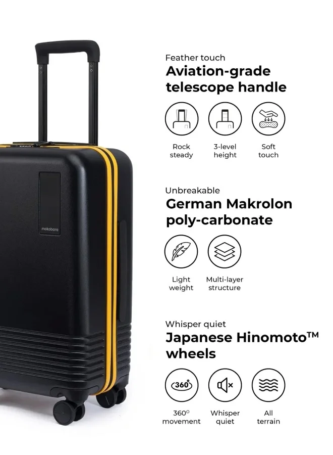 موكوبارا للتجارة ذ.م.م The Cabin Luggage Hardsided 8 Hinomoto Wheels Small Trolley (Black & Yellow)