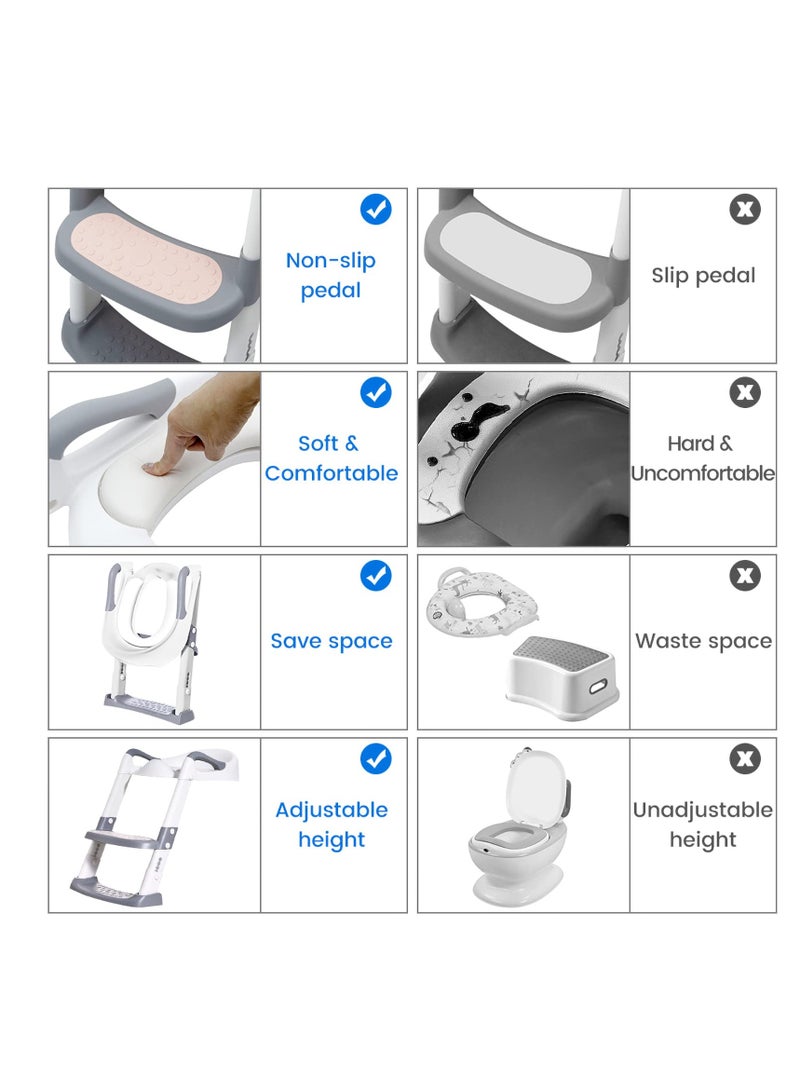 Excefore Potty Training Toilet Seat Trainer, Kids Toilet Training Seat with Step Stool, Foldable Portable Potty Chair with Adjustable Height Ladder Guard Handle, Soft Cushion for Baby Toddler, White - Image 3