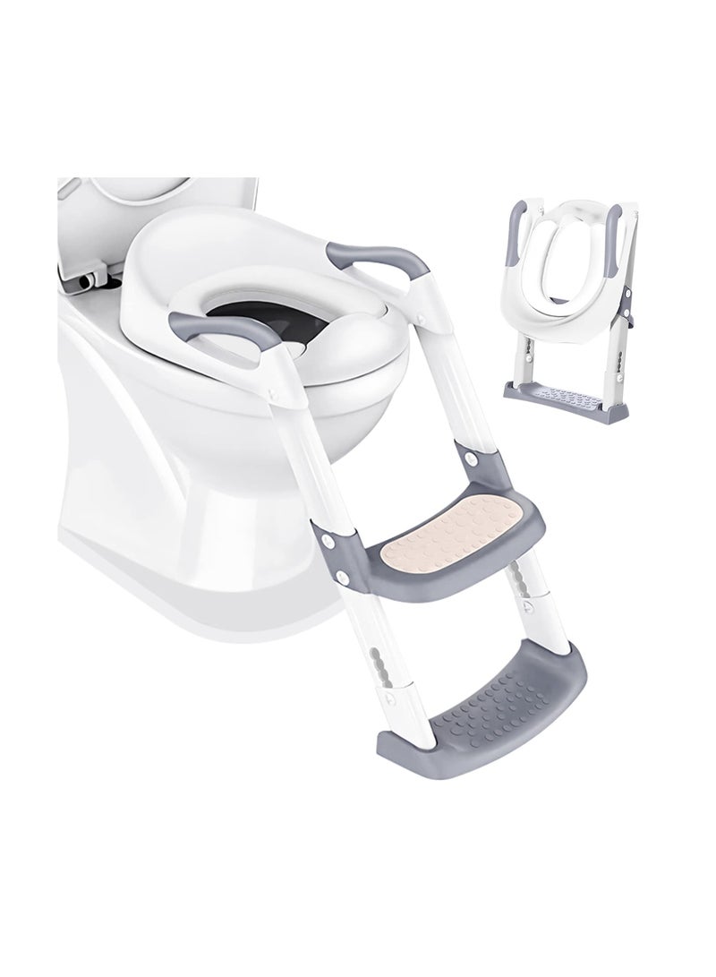 Excefore Potty Training Toilet Seat Trainer, Kids Toilet Training Seat with Step Stool, Foldable Portable Potty Chair with Adjustable Height Ladder Guard Handle, Soft Cushion for Baby Toddler, White - Image 1
