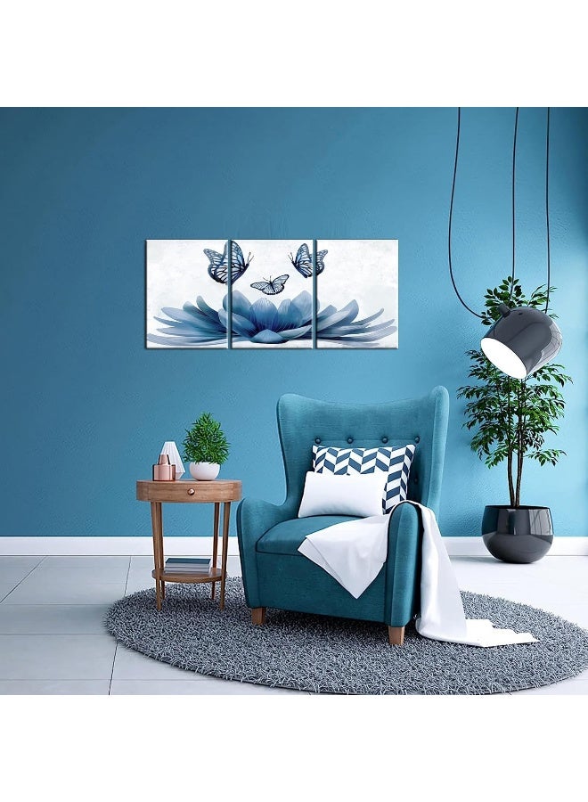 Home Trove Sechars 3 Piece Lotus Flower Wall Art Abstract Navy Blue Floral With Butterfly Painting Canvas Prints Zen Artwork For Home Office Living Room Bathroom Decor  - Image 3