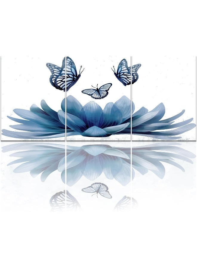 Home Trove Sechars 3 Piece Lotus Flower Wall Art Abstract Navy Blue Floral With Butterfly Painting Canvas Prints Zen Artwork For Home Office Living Room Bathroom Decor  - Image 1