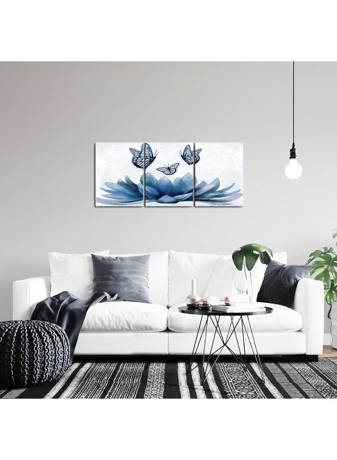 Home Trove Sechars 3 Piece Lotus Flower Wall Art Abstract Navy Blue Floral With Butterfly Painting Canvas Prints Zen Artwork For Home Office Living Room Bathroom Decor  - Image 2