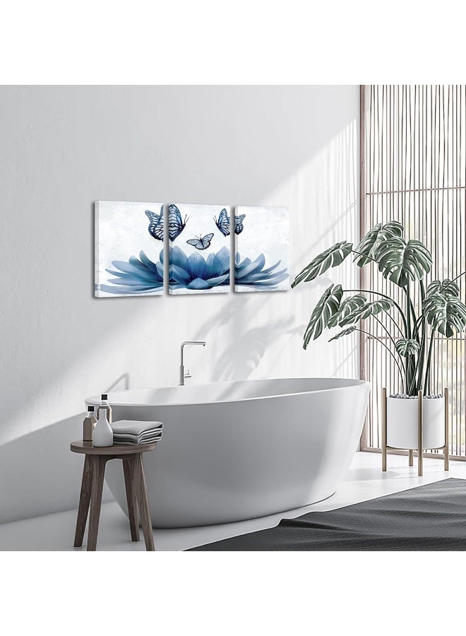 Home Trove Sechars 3 Piece Lotus Flower Wall Art Abstract Navy Blue Floral With Butterfly Painting Canvas Prints Zen Artwork For Home Office Living Room Bathroom Decor  - Image 4