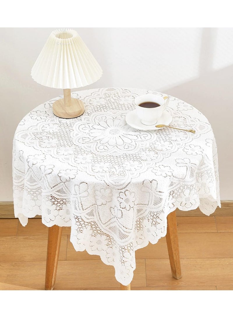 ثمانية فيبيهاوس مفرش طاولة، مفرش سفرة مطرز بنقشة زهور، غطاء طاولة قهوة قطني، مفرش طاوله ابيض مزخرف من الدانتيل المزخرف بشرابة للأماكن الخارجية والداخلية (أبيض، 90 × 90 سم مفرش طاولة طعام) غطاء طاولة طعام مفرش ابيض طاوله - Image 1