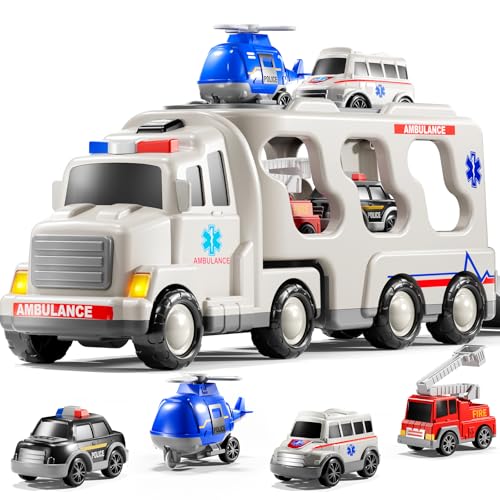 KIZONLY Ambulance Truck Toys Set for Kids Toddlers 13 35 Years Old Carrier Truck Playset with Toy Cars Light and Sound City Learning Toys for Toddlers Birthday Gifts for Boys Girls Aged 24 48 - Image 1