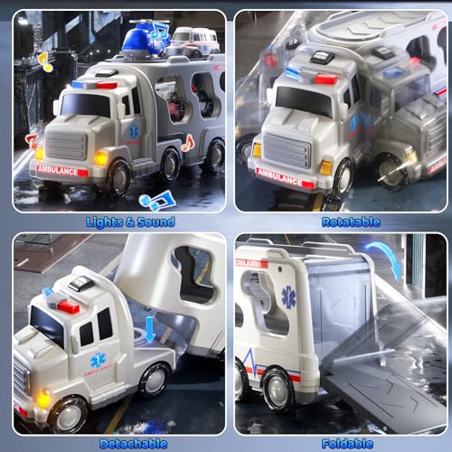 KIZONLY Ambulance Truck Toys Set for Kids Toddlers 13 35 Years Old Carrier Truck Playset with Toy Cars Light and Sound City Learning Toys for Toddlers Birthday Gifts for Boys Girls Aged 24 48 - Image 5