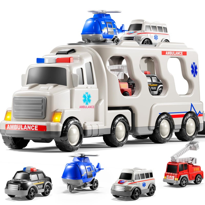 KIZONLY Ambulance Truck Toys Set for Kids Toddlers 13 35 Years Old Carrier Truck Playset with Toy Cars Light and Sound City Learning Toys for Toddlers Birthday Gifts for Boys Girls Aged 24 48 - Image 3