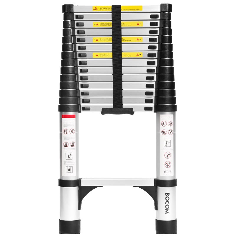 BOCOM 145 FT Aluminum Telescoping Ladder Lightweight MultiPurpose Collapsible Extension with 2 Triangle Stabilizers Heavy Duty 330 lbs Max Capacity Ideal for Home RV and Outdoor Work Silver