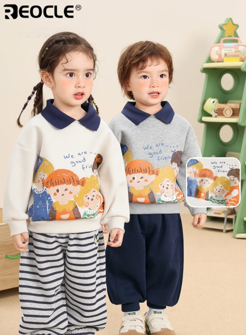 REOCLE Kid's Lapel Sweatshirt with Mock Two-Piece Design and Soft Comfort Unisex Polo Shirt with Autumn Warmth for Children Daily Wear - Image 2