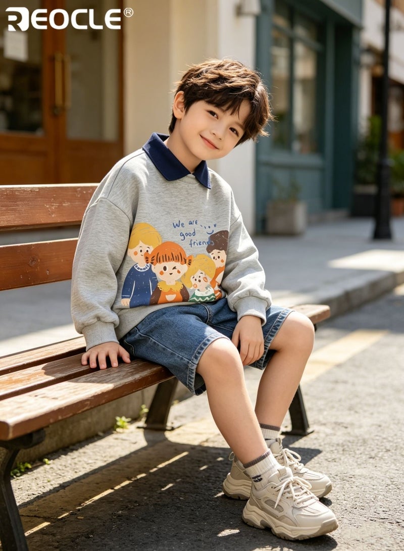 REOCLE Kid's Lapel Sweatshirt with Mock Two-Piece Design and Soft Comfort Unisex Polo Shirt with Autumn Warmth for Children Daily Wear - Image 1