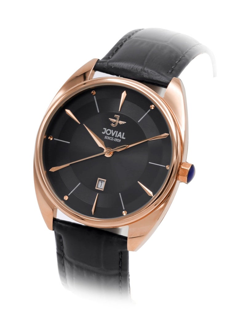 JOVIAL 5221 GRLQ 13 E Men's Watch, Black Dial, Quartz, Date Display, Leather strap,40mm - Image 2