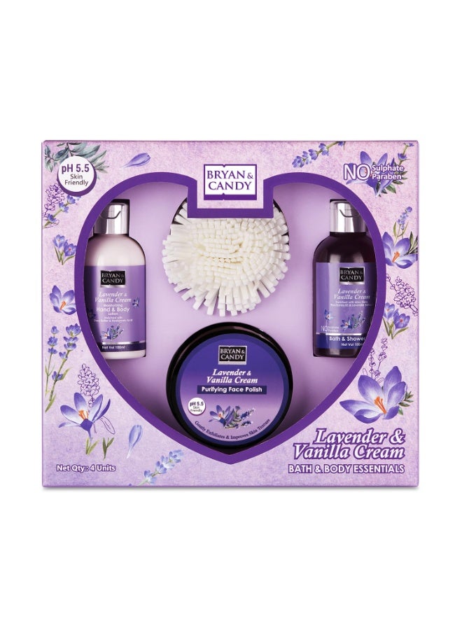 Bryan & Candy Bodycare Heart Collection Gift Set for Women - Lavender & Vanilla Cream (100% Vegan, pH 5.5 Skin Friendly) - Hand & Body Lotion 100ml, Bath & Shower Gel 100ml, Face Polish 100g - Image 1