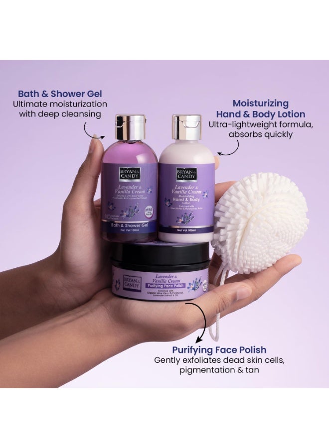 Bryan & Candy Bodycare Heart Collection Gift Set for Women - Lavender & Vanilla Cream (100% Vegan, pH 5.5 Skin Friendly) - Hand & Body Lotion 100ml, Bath & Shower Gel 100ml, Face Polish 100g - Image 3