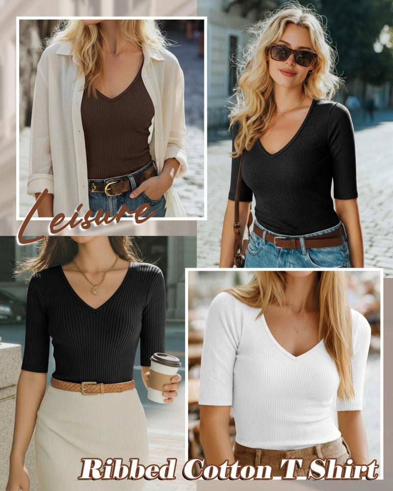 Riyiper 3 Pack Women's Half Sleeve Top Elbow Length Ribbed Cotton T Shirt Women V Neck Summer Tee Slim Fit Casual Blouses(Black, White, Brown,M) - Image 2
