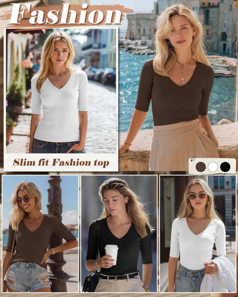 Riyiper 3 Pack Women's Half Sleeve Top Elbow Length Ribbed Cotton T Shirt Women V Neck Summer Tee Slim Fit Casual Blouses(Black, White, Brown,M) - Image 3