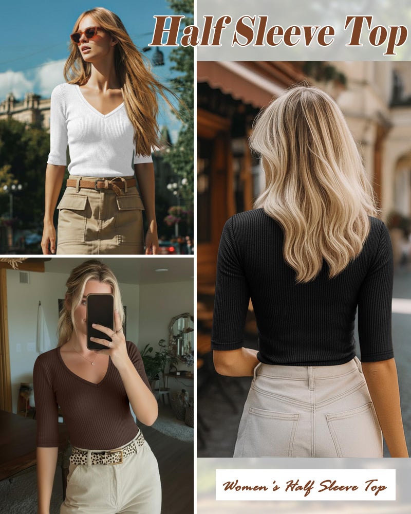 Riyiper 3 Pack Women's Half Sleeve Top Elbow Length Ribbed Cotton T Shirt Women V Neck Summer Tee Slim Fit Casual Blouses(Black, White, Brown,M) - Image 4