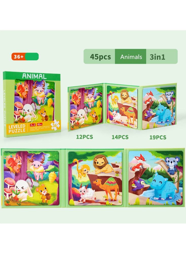 NIBEMINENT 45 قطعة من ألغاز الأطفال ألغاز تعليمية للأطفال في مرحلة ما قبل المدرسة ألغاز تعليمية عن الحيوانات ألغاز خشبية للأطفال تعليم وتنمية مهارات التعلم - Image 2