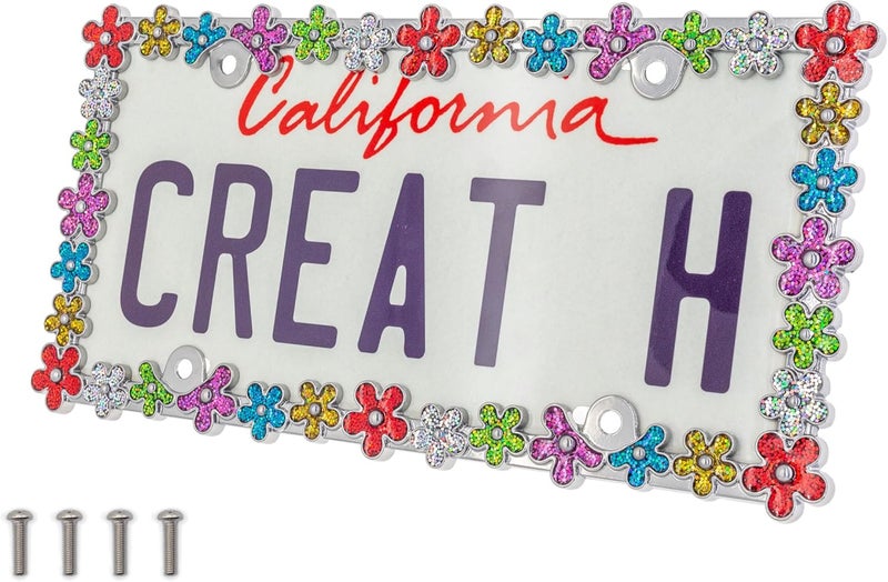 CRAFTHOME 3D Shining Daisy Wrenth License Plate Frame from Pure Zinc Alloy Metal Perfect Plate Holder, Chrome with Colorful Glitter - Image 1