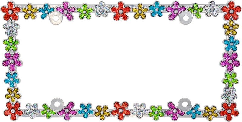 CRAFTHOME 3D Shining Daisy Wrenth License Plate Frame from Pure Zinc Alloy Metal Perfect Plate Holder, Chrome with Colorful Glitter - Image 3