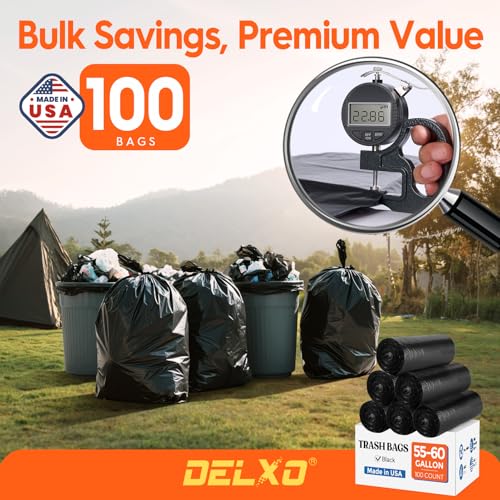 Delxo 55-60 Gallon Trash Bags, 100 Count – 0.9 Mil Medium Duty Garbage Bags, Durable & Puncture-Resistant Plastic Bolsas para basura, Perforated Design– Made in USA for Kitchen, Yard, Office (Black) - Image 3