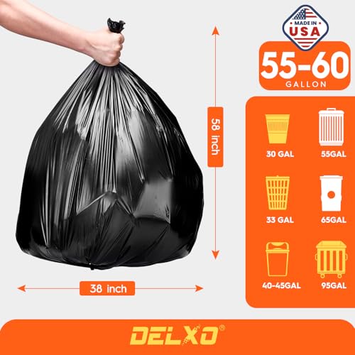 Delxo 55-60 Gallon Trash Bags, 100 Count – 0.9 Mil Medium Duty Garbage Bags, Durable & Puncture-Resistant Plastic Bolsas para basura, Perforated Design– Made in USA for Kitchen, Yard, Office (Black) - Image 2