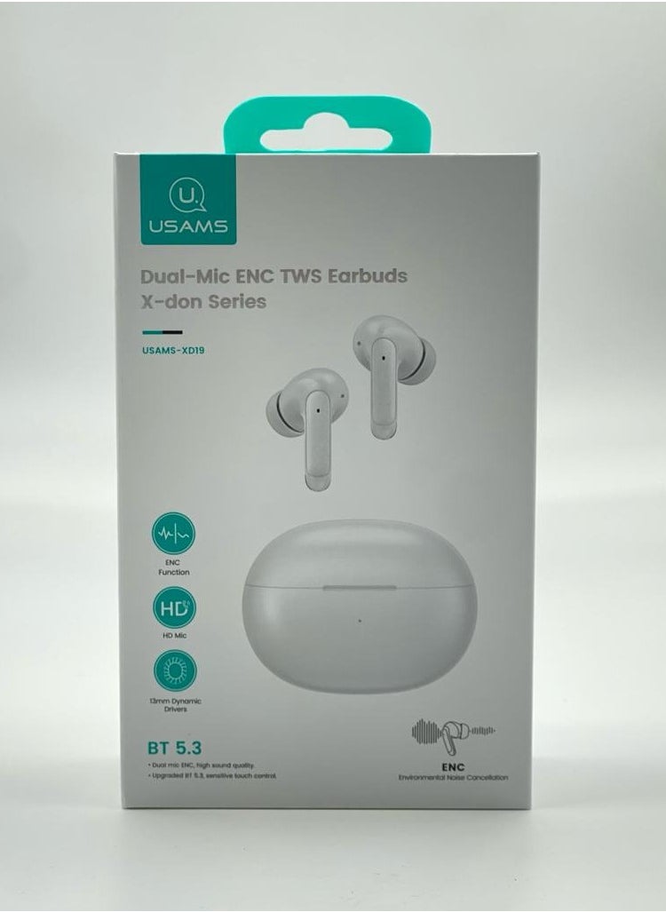 Usams AirPods Bluetooth 5.3, True Stereo Wireless Technology, 3D Surround Sound Quality, HD Phone Calls, Noise Canceling, 26 Hour Battery, White Color  - Image 3