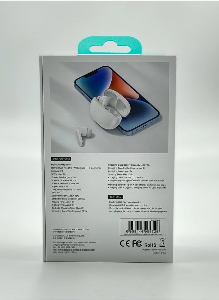 Usams AirPods Bluetooth 5.3, True Stereo Wireless Technology, 3D Surround Sound Quality, HD Phone Calls, Noise Canceling, 26 Hour Battery, White Color  - Image 4