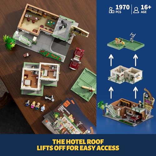 FUNWHOLE City Car-Hotel Lighting Building-Bricks Set - Road Trip Modular Twilight Motel Collection LED Light Car and Motorcycle Building Set 1970 Pcs for Adults and Teen - Image 3
