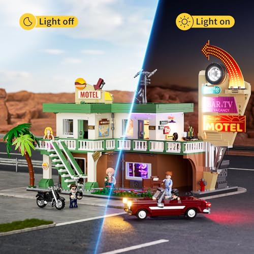FUNWHOLE City Car-Hotel Lighting Building-Bricks Set - Road Trip Modular Twilight Motel Collection LED Light Car and Motorcycle Building Set 1970 Pcs for Adults and Teen - Image 2