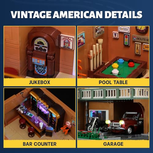 FUNWHOLE City Car-Hotel Lighting Building-Bricks Set - Road Trip Modular Twilight Motel Collection LED Light Car and Motorcycle Building Set 1970 Pcs for Adults and Teen - Image 5