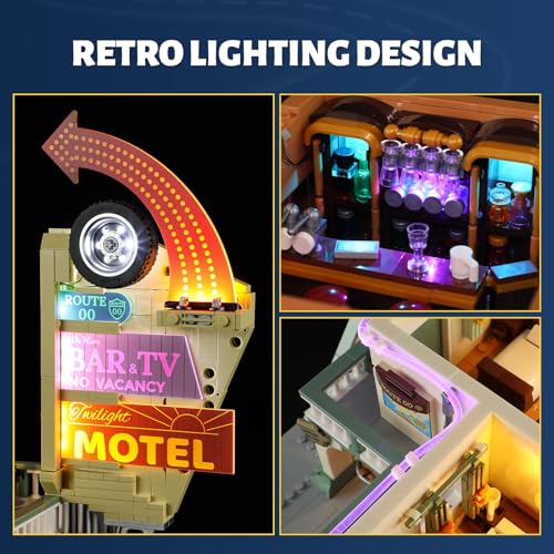 FUNWHOLE City Car-Hotel Lighting Building-Bricks Set - Road Trip Modular Twilight Motel Collection LED Light Car and Motorcycle Building Set 1970 Pcs for Adults and Teen - Image 4