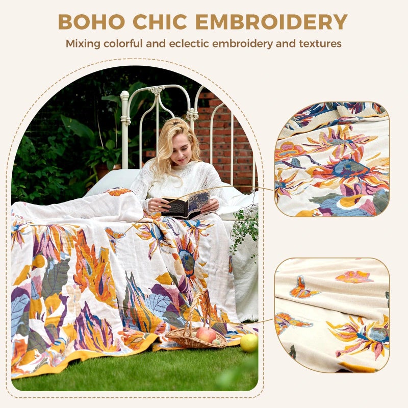 LUTBM King Throw Blanket for Bed 100% Cotton Boho Soft Rustic Quilt Butterfly and Floral Double Embroidery Breathable Spring Bed Blanket,90"x108" All Season Blankets for Bedding Couch Home Decor - Image 3
