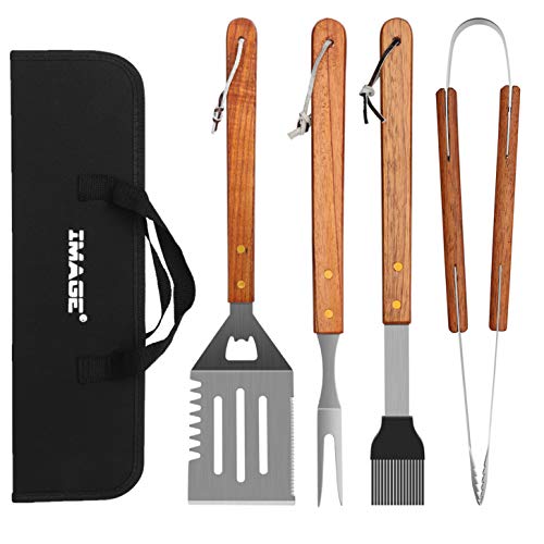 IMAGE Wooded BBQ Accessories Grilling Tools,Stainless Steel BBQ Tools Grill Tools Set for Cooking, Backyard Barbecue & Outdoor Camping Gift for Man Dad Women Barbecue Enthusiasts Set of 4 - Image 1