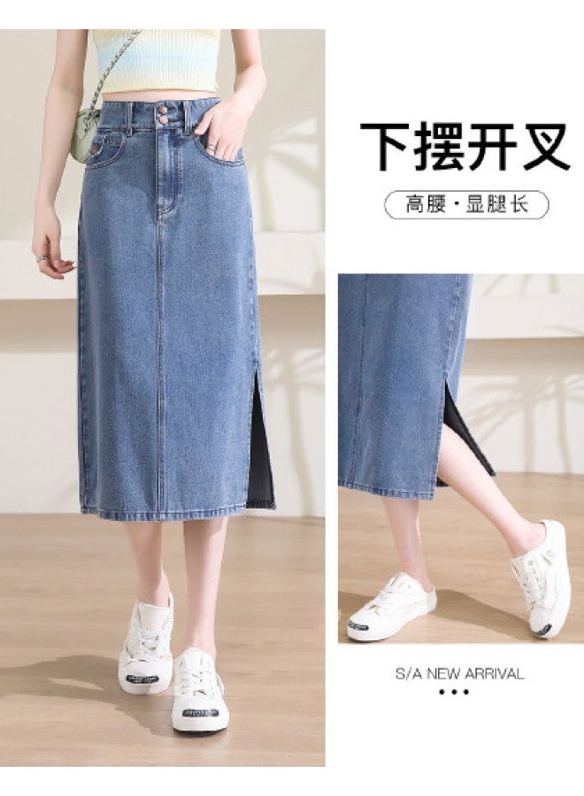 Jeanswest Women's Classic Mid-length Denim Skirt - High Waist Casual Versatile A-line Skirt With Side Slit Design For Spring/summer - Image 1