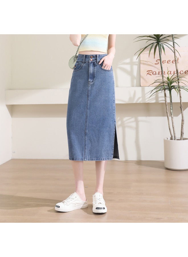 Jeanswest Women's Classic Mid-length Denim Skirt - High Waist Casual Versatile A-line Skirt With Side Slit Design For Spring/summer - Image 3